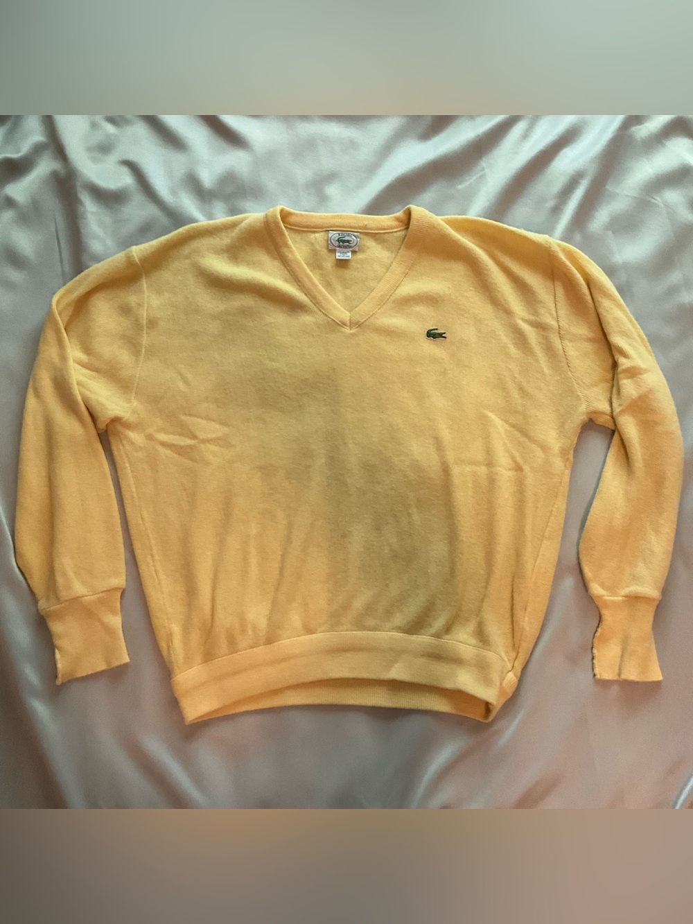 Lacoste Men's V-Neck Sweater in Pale Yellow with Green Crocodile Logo